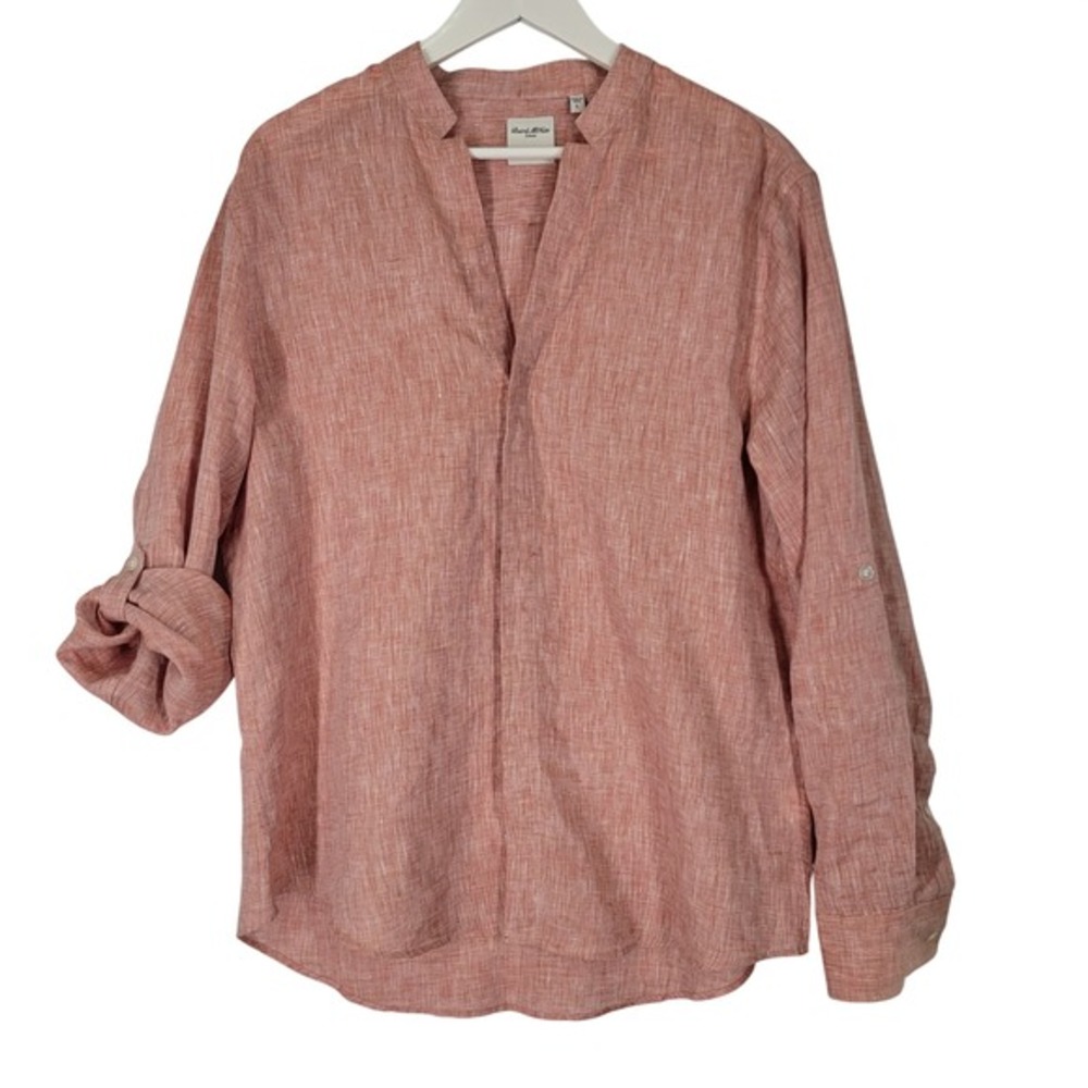 Baird McNutt Linen Blouse Top Sz Large Mandarin Collar Button Front Shirt Orange